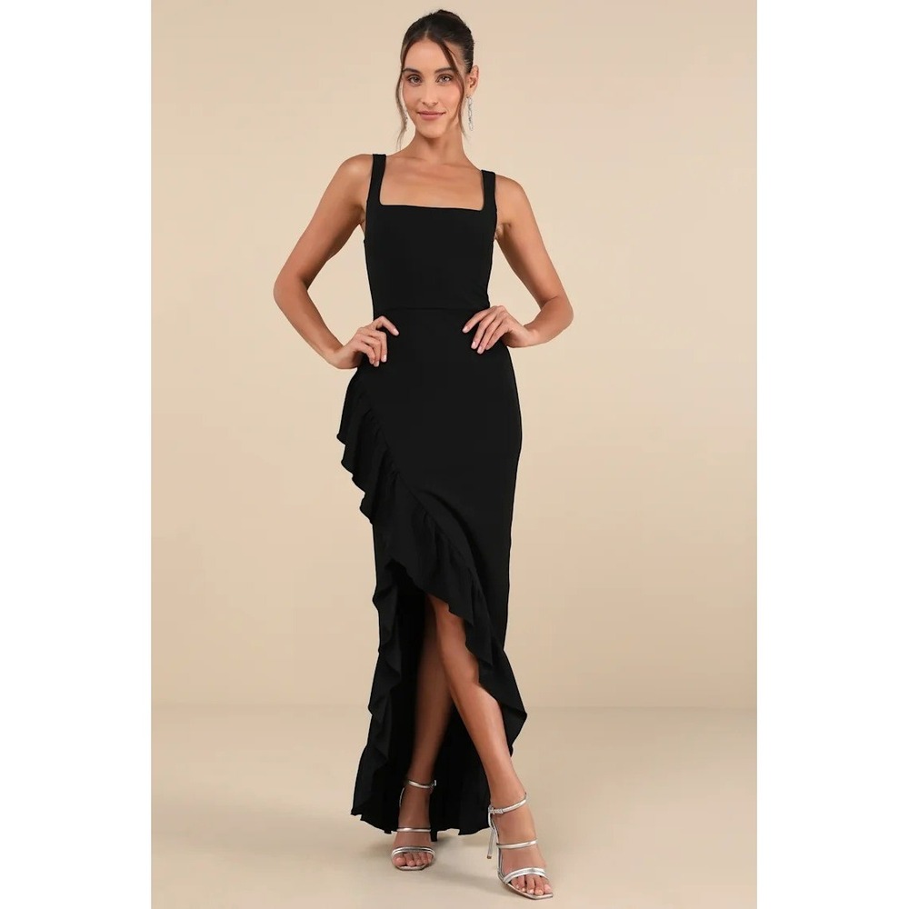 Lulus Immaculate Excellence Black‎ Sleeveless Ruffled Tulip Maxi Dress Medium